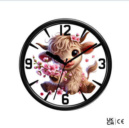 Cute Highland Cow Wall Clock on a plain white background featuring the UKCA and CE logo