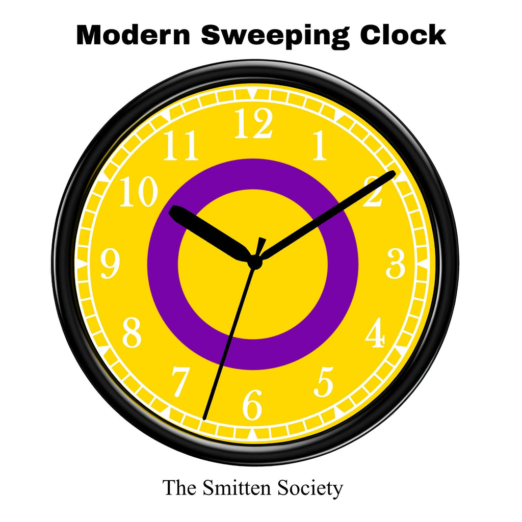 Yellow clock with a purple center and black frame, featuring 'Modern Sweeping Clock' text and 'The Smitten Society' branding.
