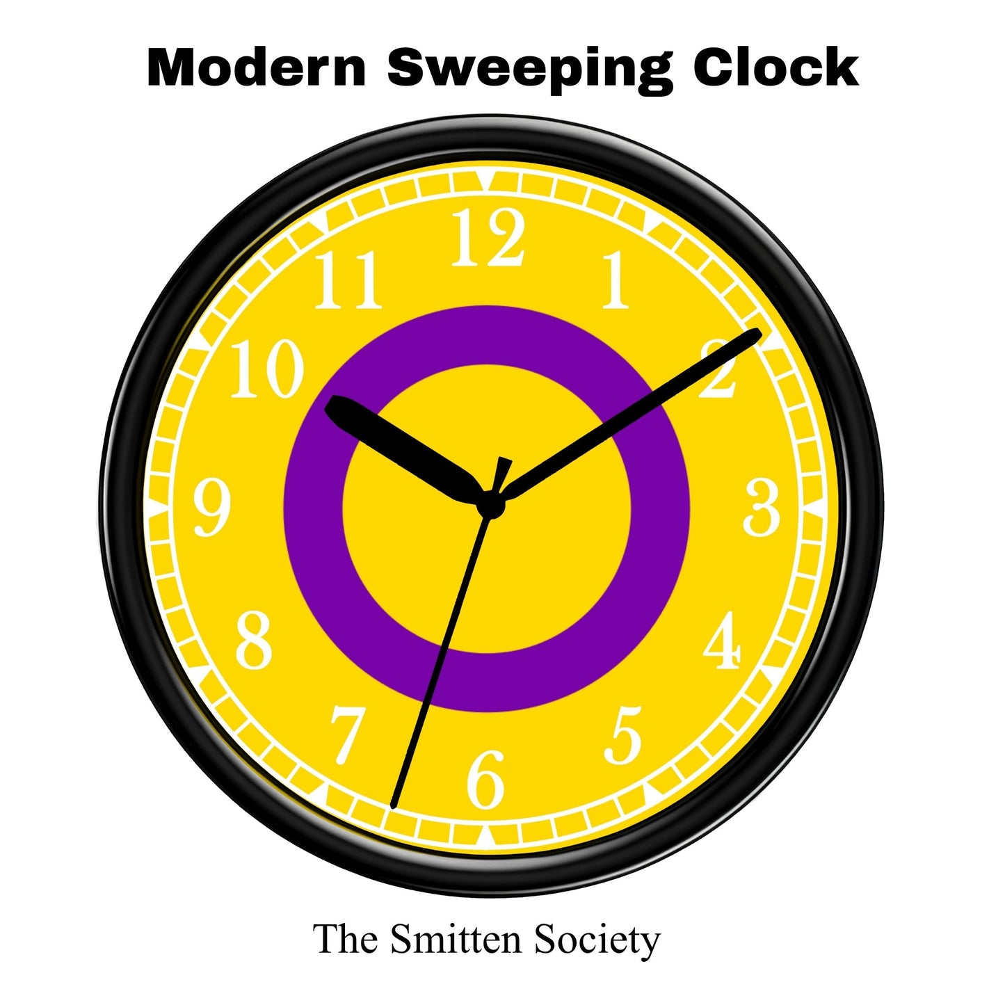 Yellow clock with a purple center and black frame, featuring 'Modern Sweeping Clock' text and 'The Smitten Society' branding.