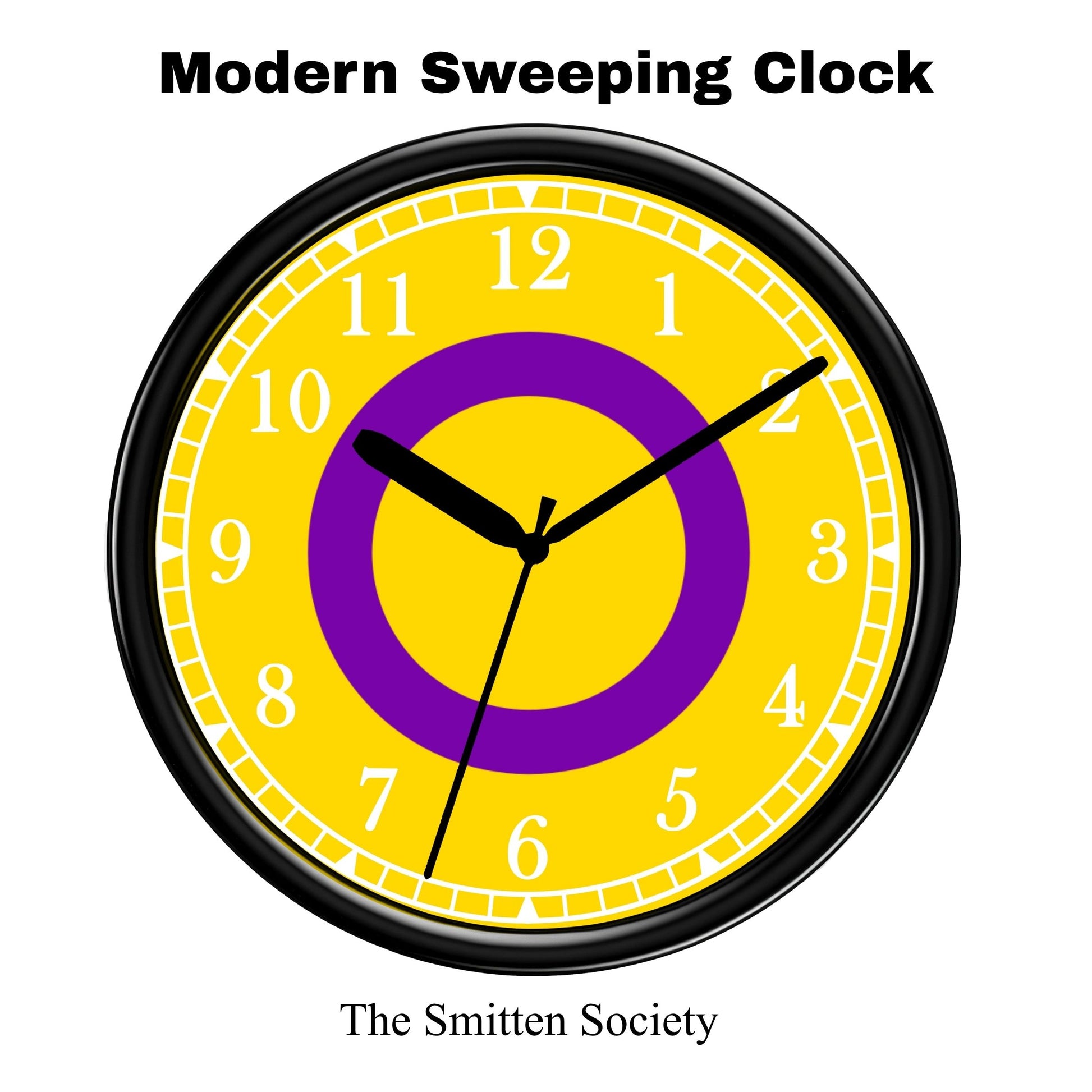 Yellow clock with a purple center and black frame, featuring 'Modern Sweeping Clock' text and 'The Smitten Society' branding.