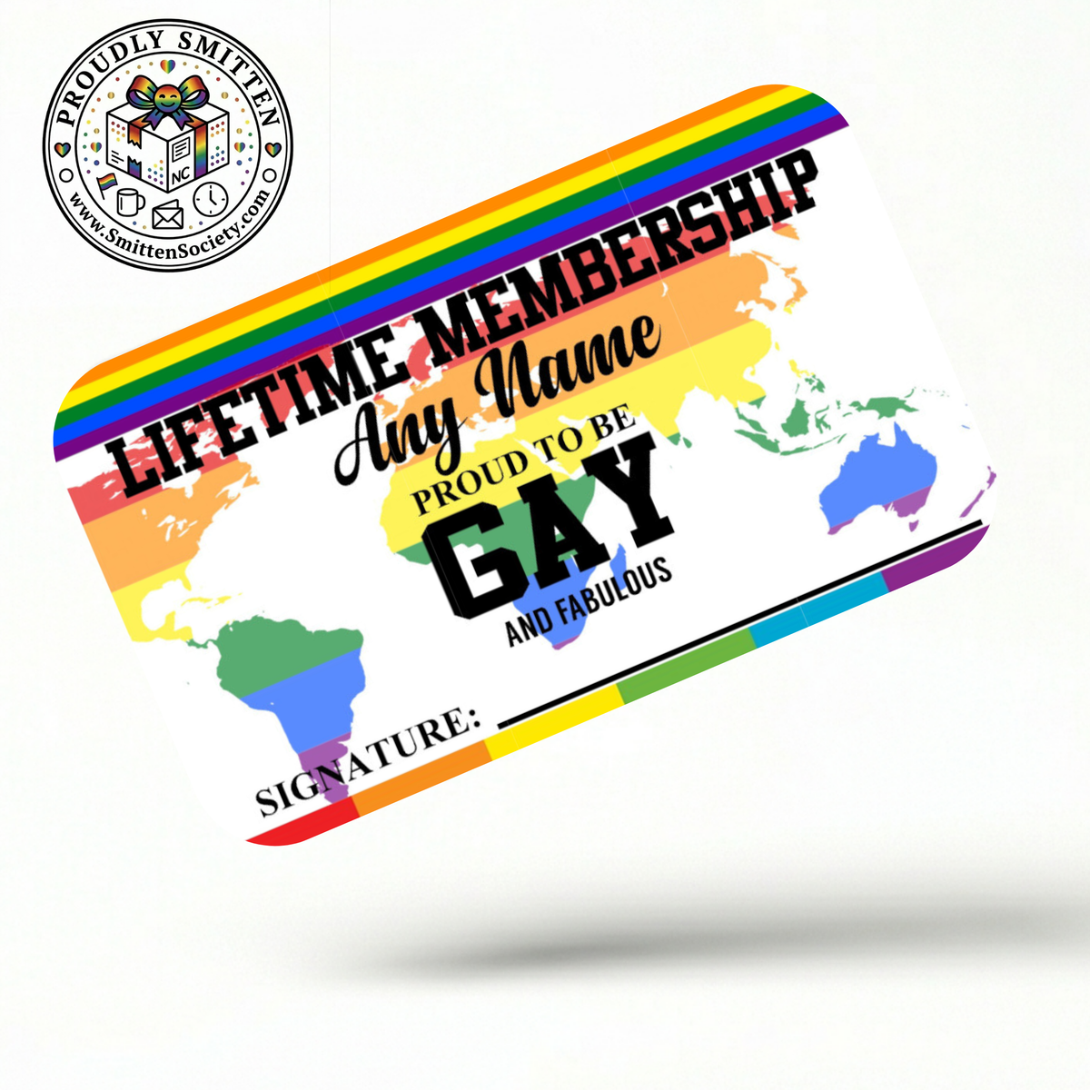 Pride-themed membership card with rainbow colors and text on a white background