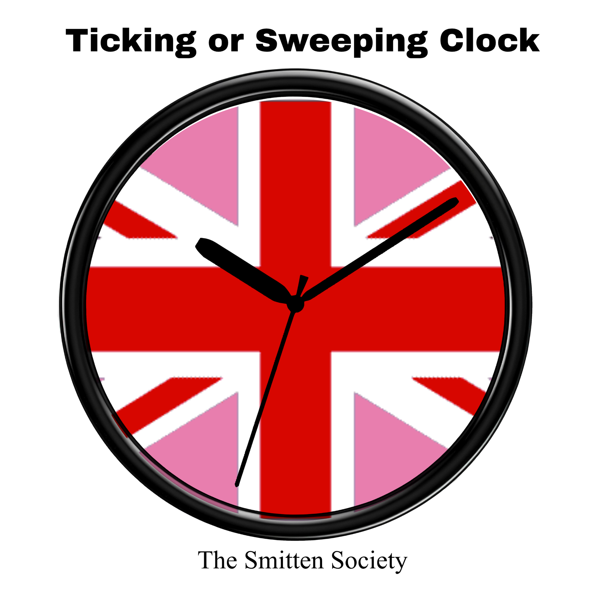 Clock with Union Jack design and text 'Ticking or Sweeping Clock' and 'The Smitten Society'.