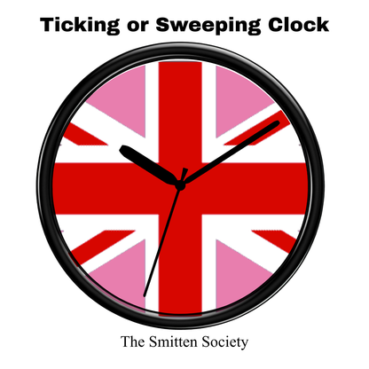 Clock with Union Jack design and text 'Ticking or Sweeping Clock' and 'The Smitten Society'.