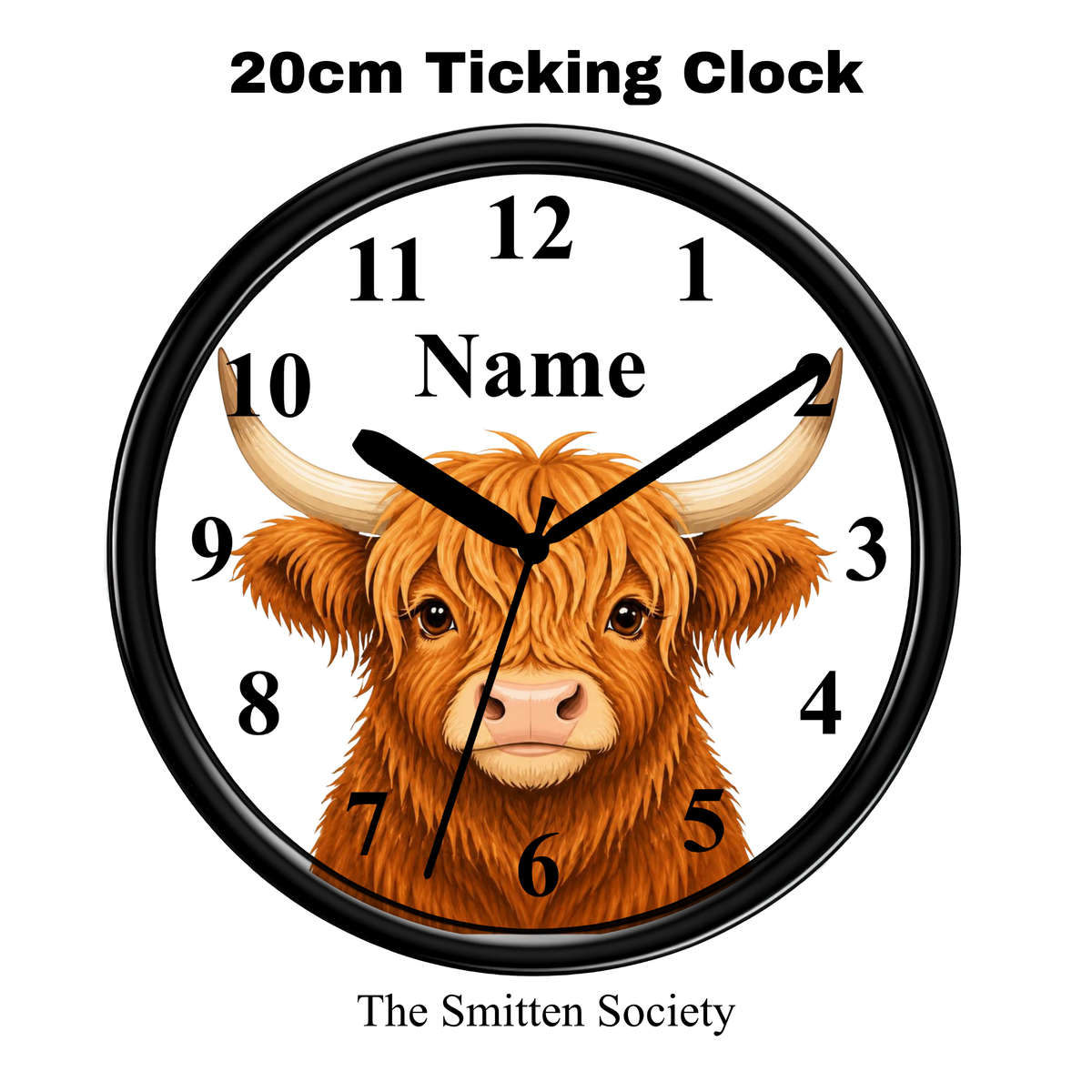 A round wall clock with a black frame and white face, featuring a detailed illustration of a brown highland cow. The clock has black numbers and hands, with the word 'Name' printed on the face, suggesting a customizable product.