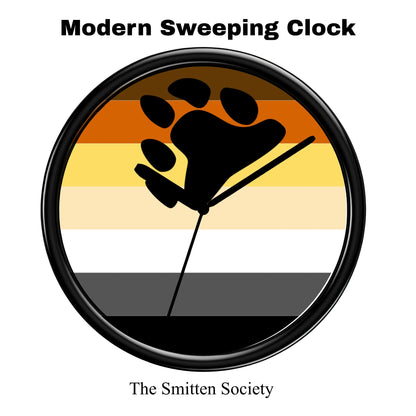 Circular product with paw print design and 'Modern Sweeping Clock' text, featuring The Smitten Society branding.