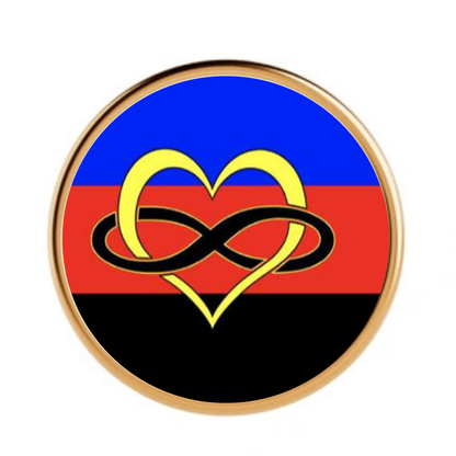 polyamorous gold pin badge on a plain white background