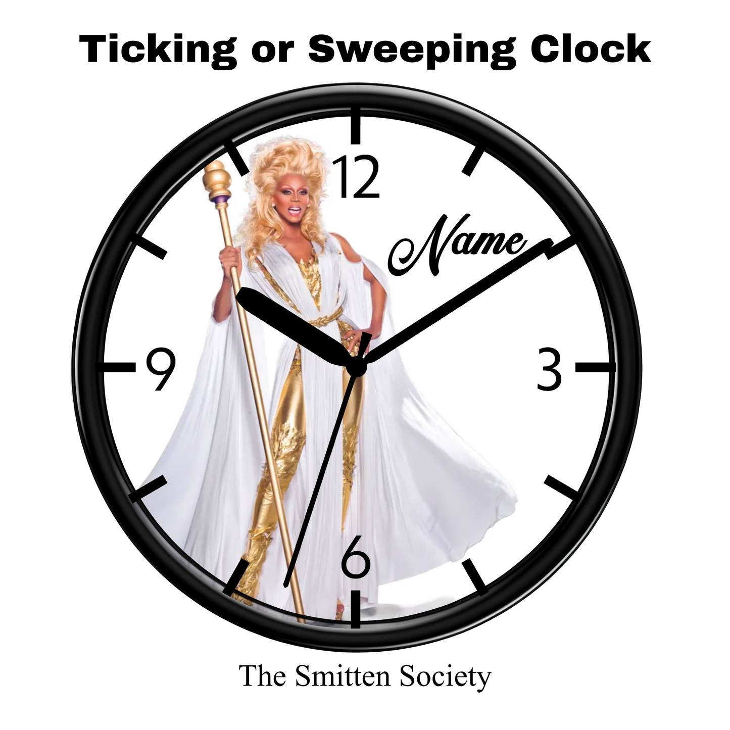 Clock with a person in a costume and 'The Smitten Society' branding.