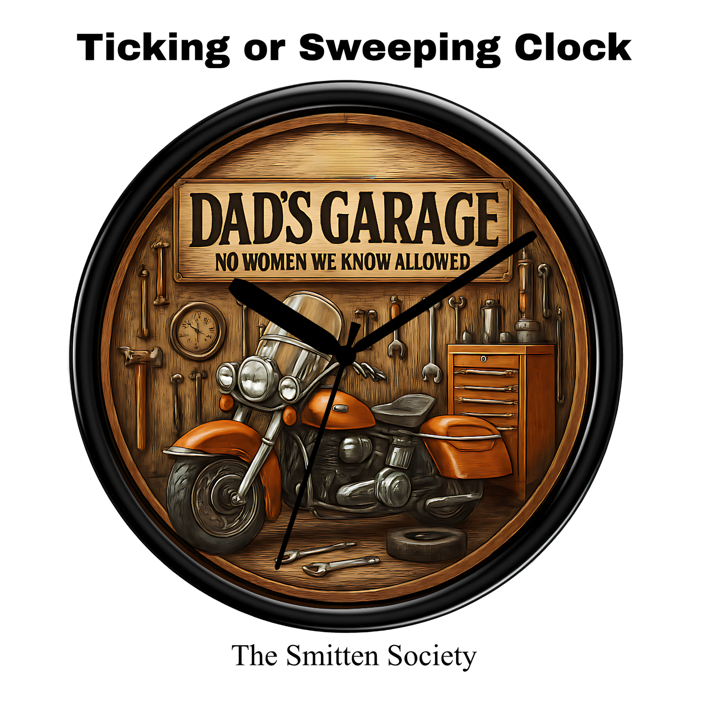 Decorative clock with 'Dad's Garage' theme featuring a motorcycle and tools.