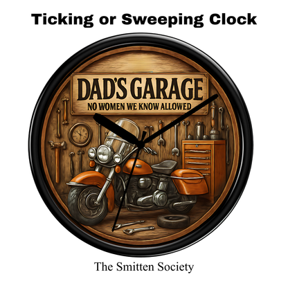 Decorative clock with 'Dad's Garage' theme featuring a motorcycle and tools.