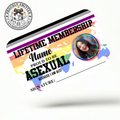 Membership card for asexual pride with rainbow design and photo of a smiling person.