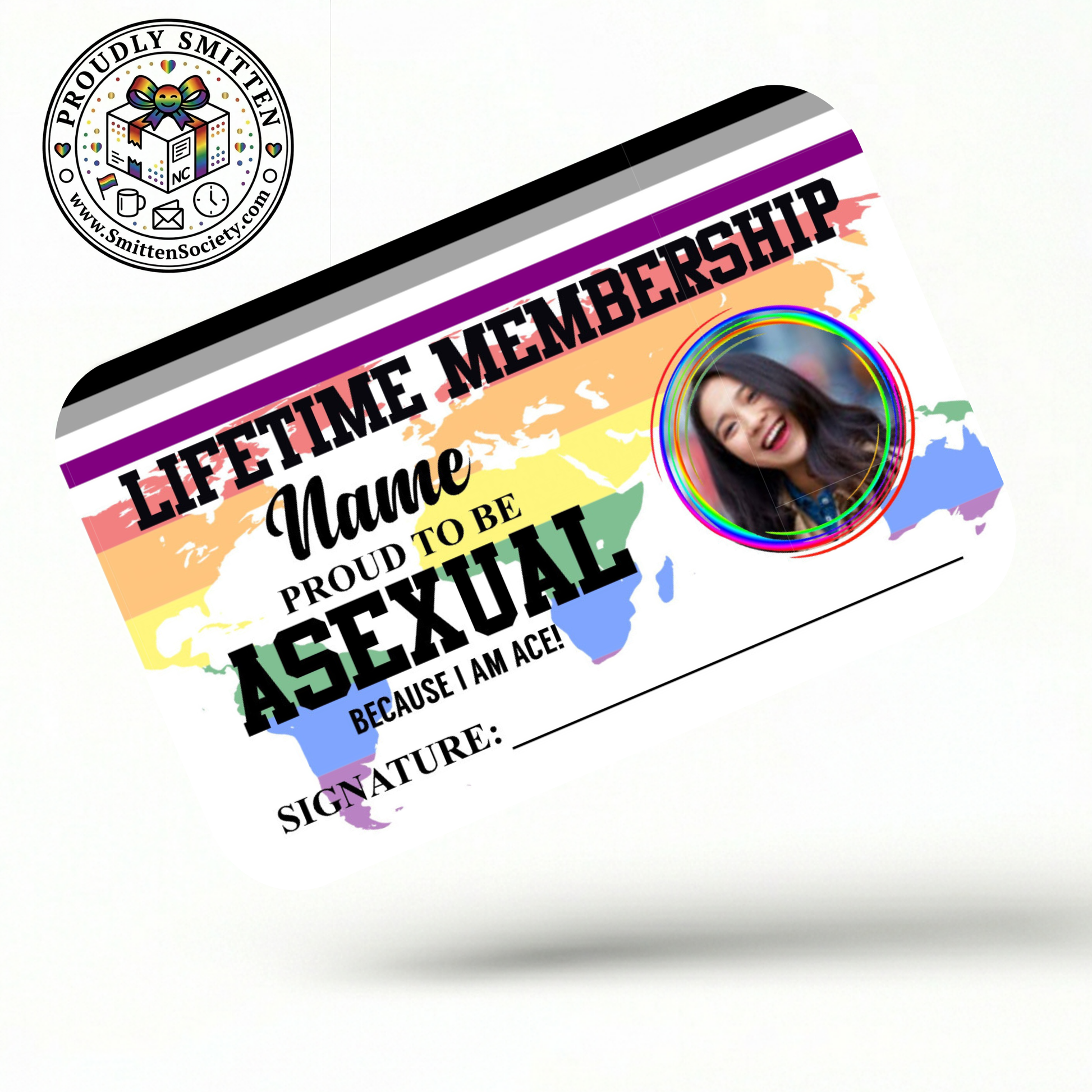 Membership card for asexual pride with rainbow design and photo of a smiling person.