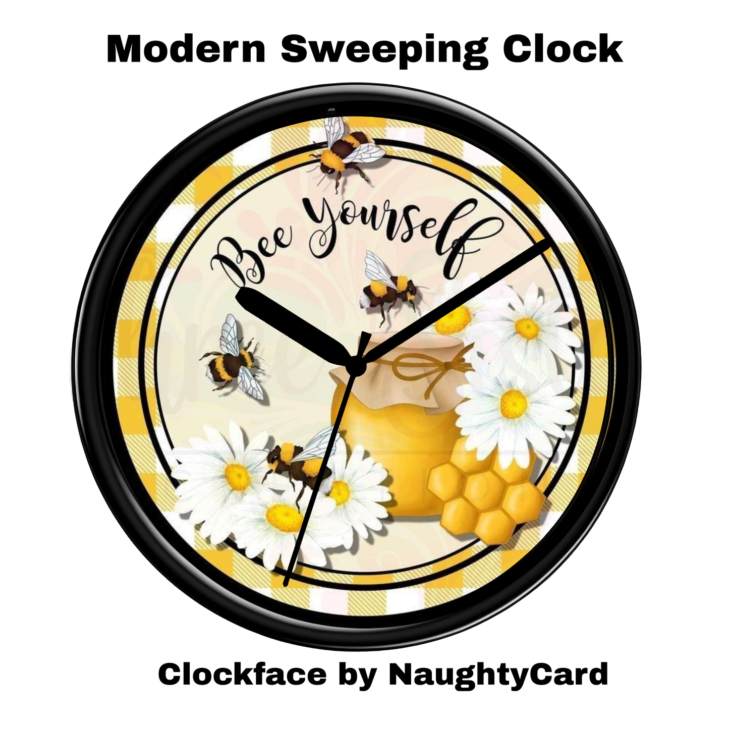 Wall clock with bee and daisy design and text 'Bee Yourself' on a white background.