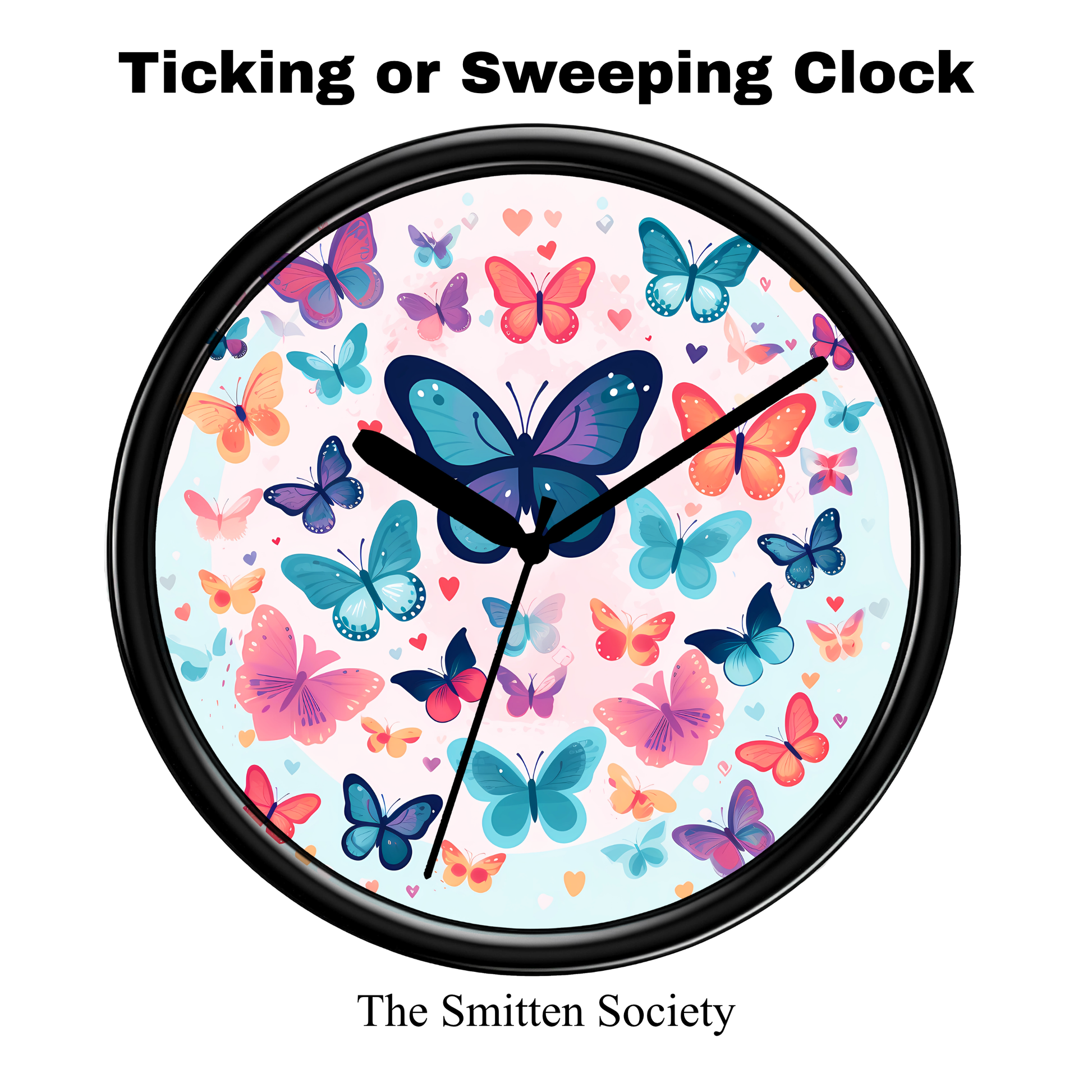 Wall clock with colorful butterfly design on a white background, brand 'The Smitten Society' visible.