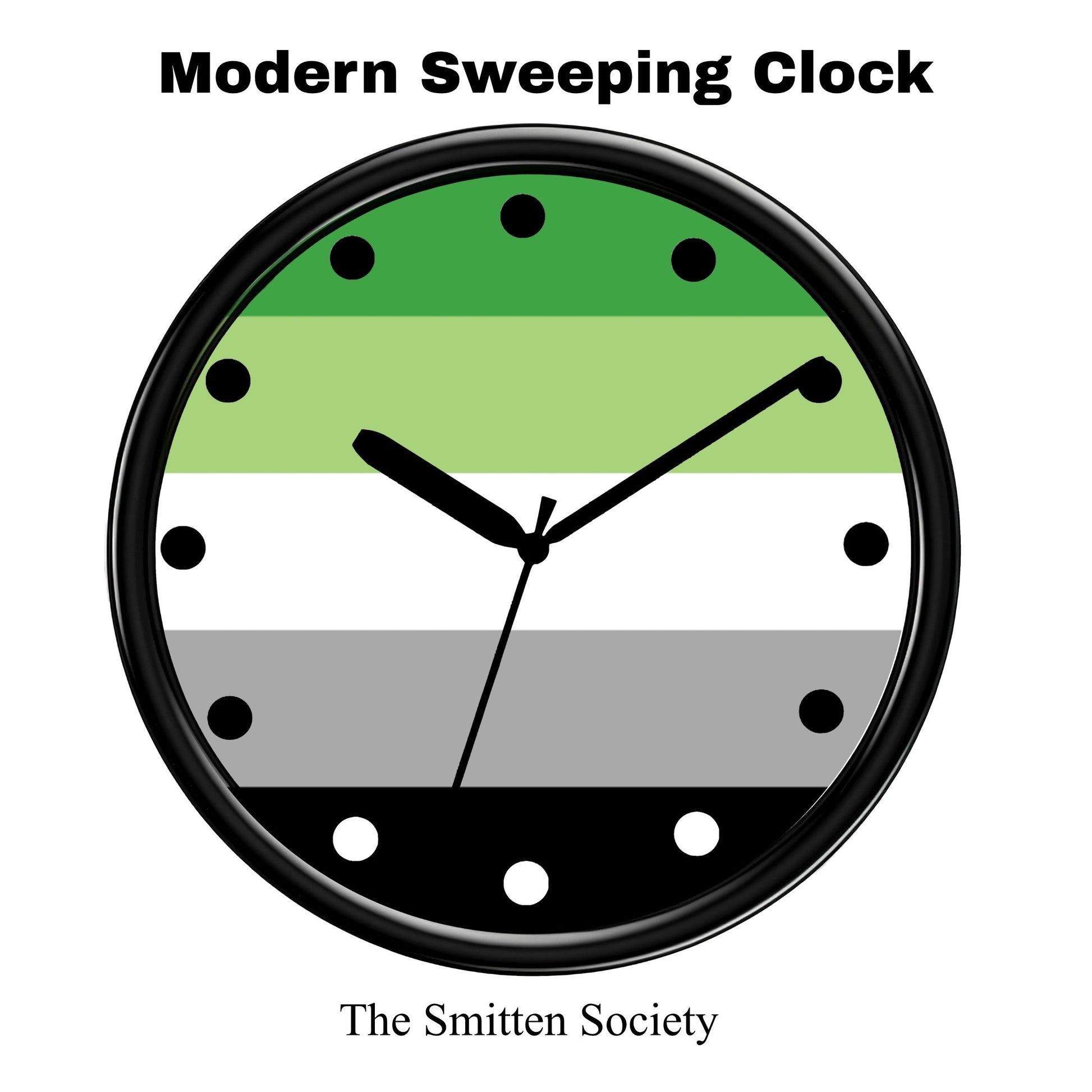 Round clock with green and gray gradient face on a white background, labeled 'Modern Sweeping Clock' by 'The Smitten Society'.