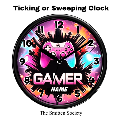 Gaming-themed clock with controller design and 'Gamer' text on a colorful background.