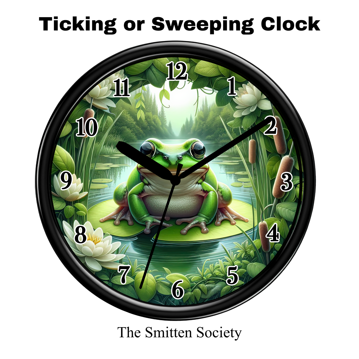 Clock with a frog design on a green background, featuring the brand 'The Smitten Society'.