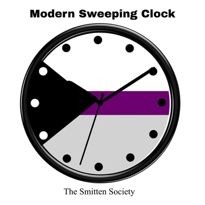 LGBT Clock with a purple stripe and text 'Modern Sweeping Clock The Smitten Society' on a white background