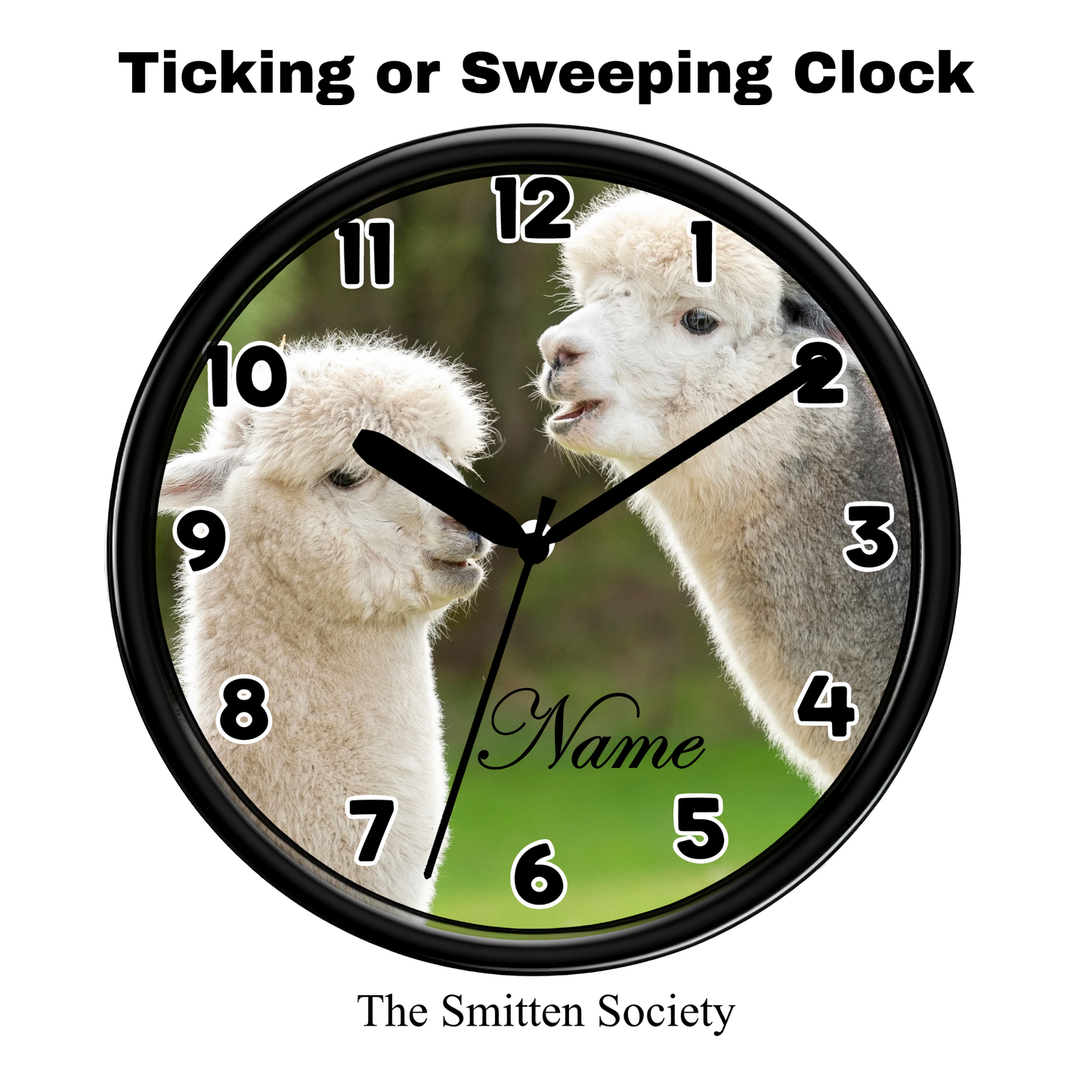 Wall clock with two alpacas on a grassy background, featuring the brand 'The Smitten Society'.