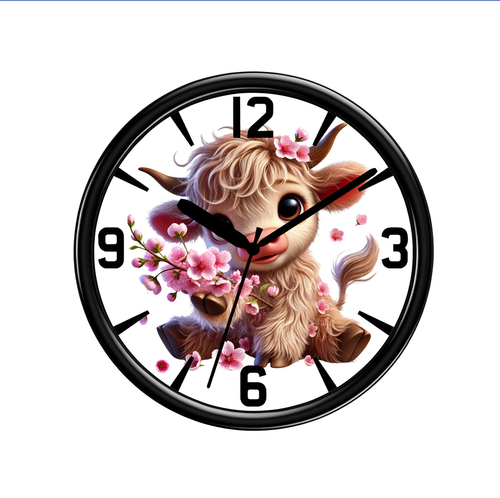 Highland Cow Wall clock, Front view of Black Plastic Clock On A Solid White Background