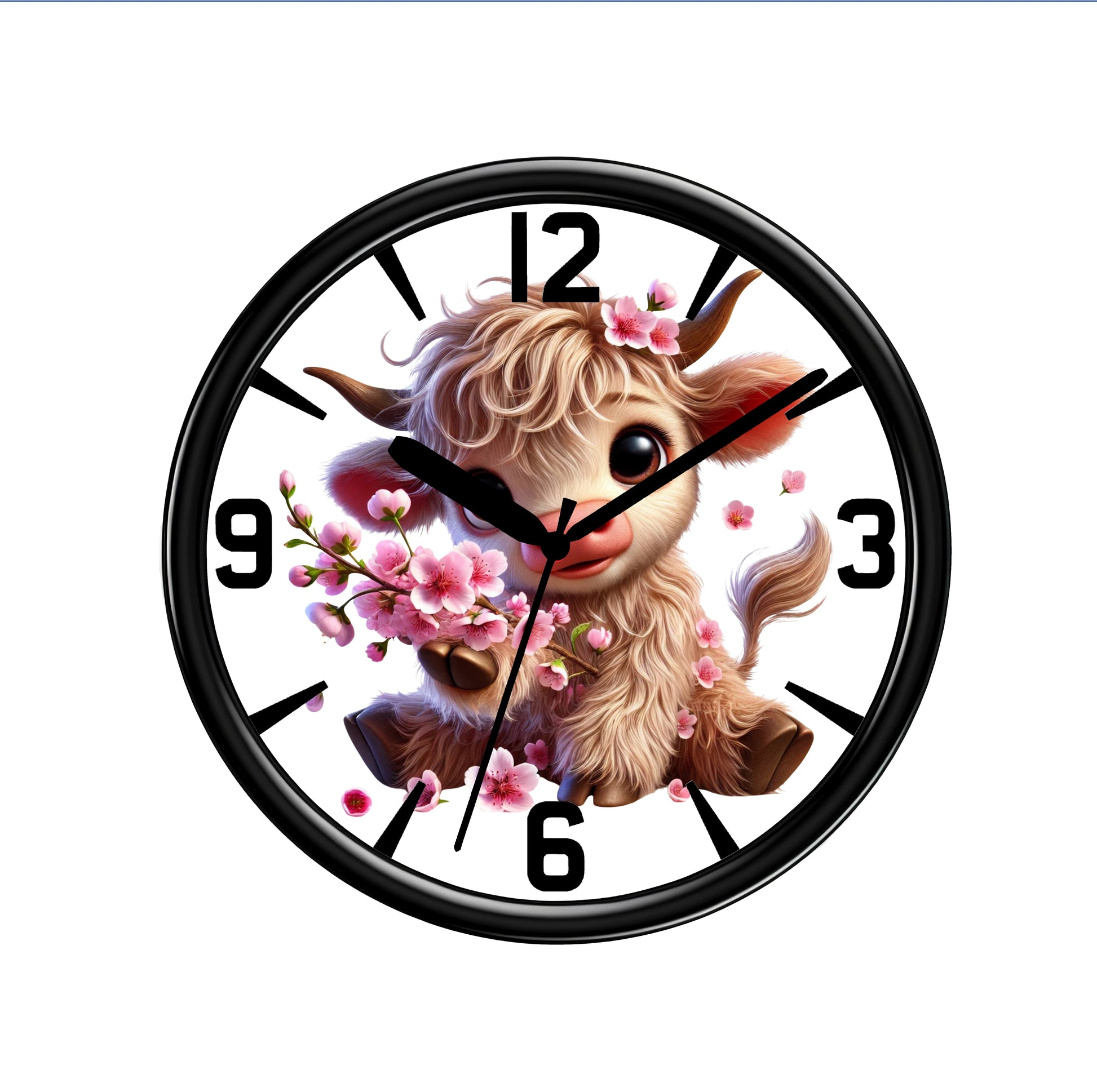 Highland Cow Wall clock, Front view of Black Plastic Clock On A Solid White Background