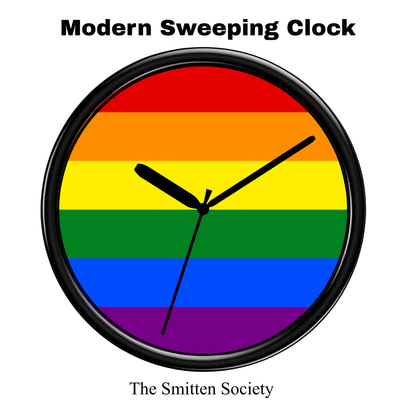 Clock with rainbow design and 'Modern Sweeping Clock' text on a white background