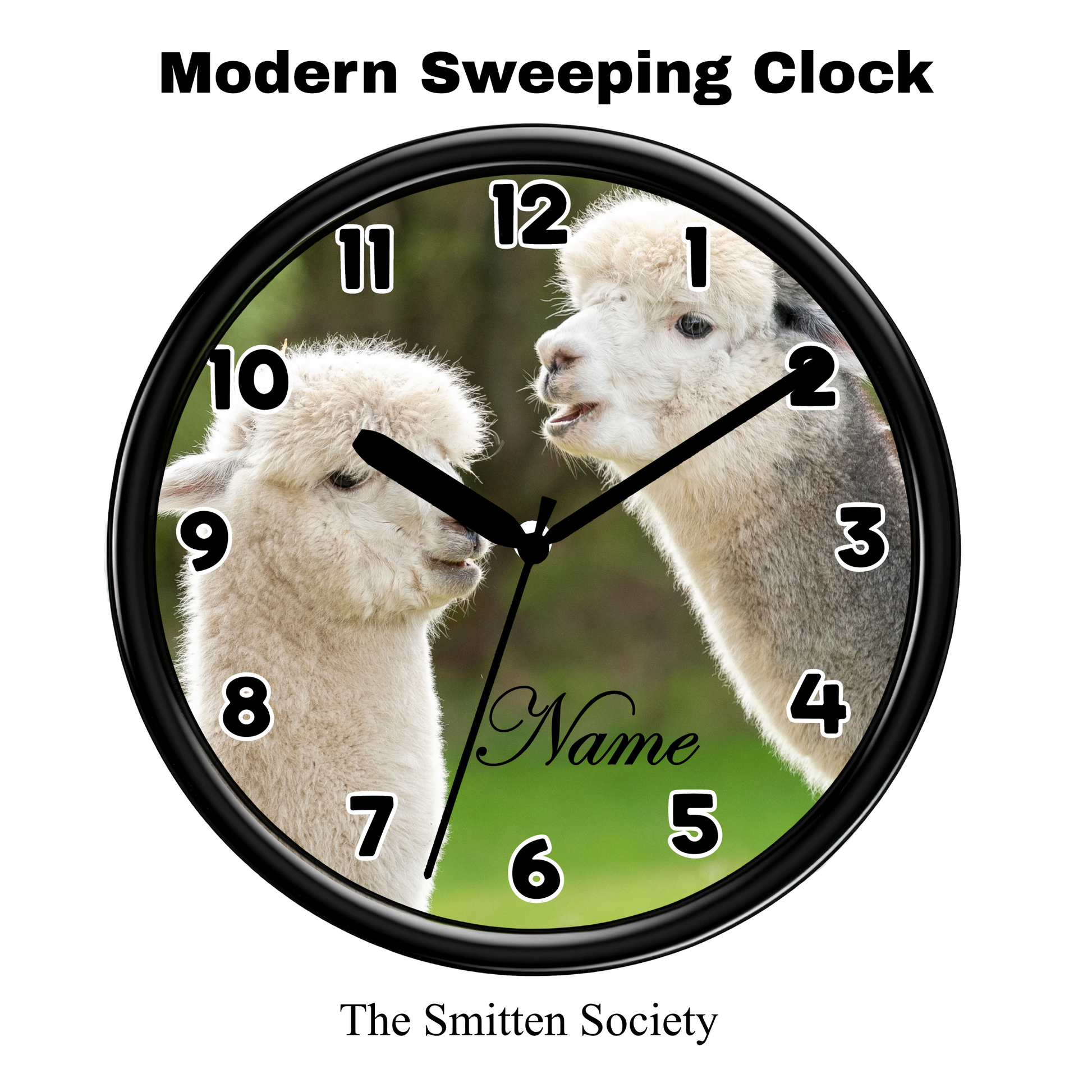 Wall clock with two alpacas on a green background and 'Modern Sweeping Clock' text.
