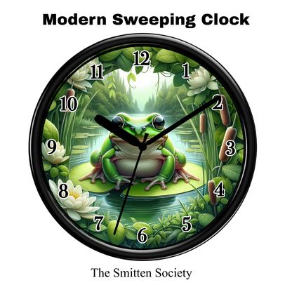 Wall clock with a green frog design on a white background