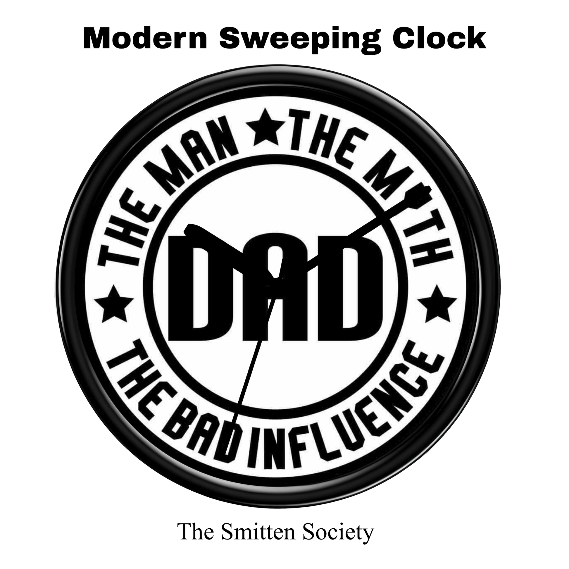 Circular clock with 'DAD' text and branding on a white background