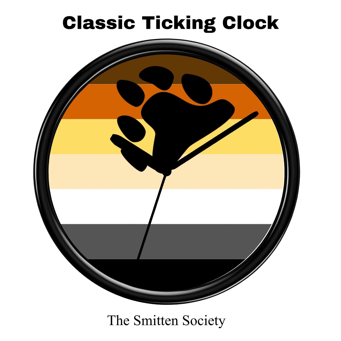 Circular design with paw print and ticking clock element, branded 'The Smitten Society'.