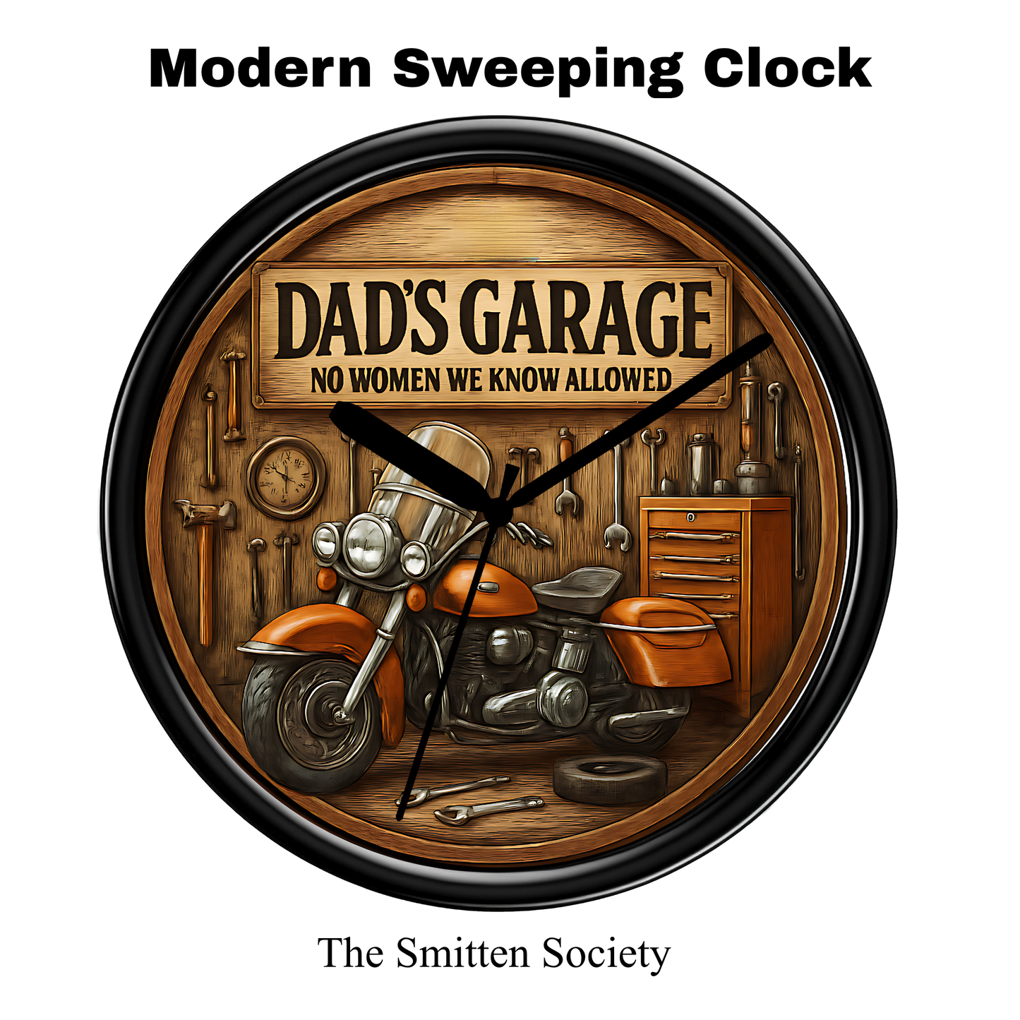 Wall clock with 'Dad's Garage' theme featuring a motorcycle and tools, branded 'The Smitten Society'.