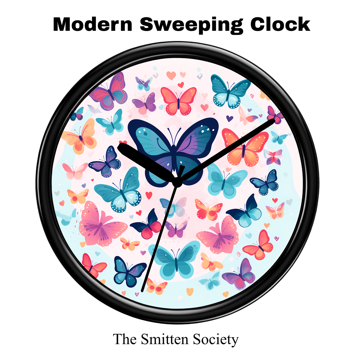 Wall clock with colorful butterfly design and black frame, branded 'The Smitten Society'.