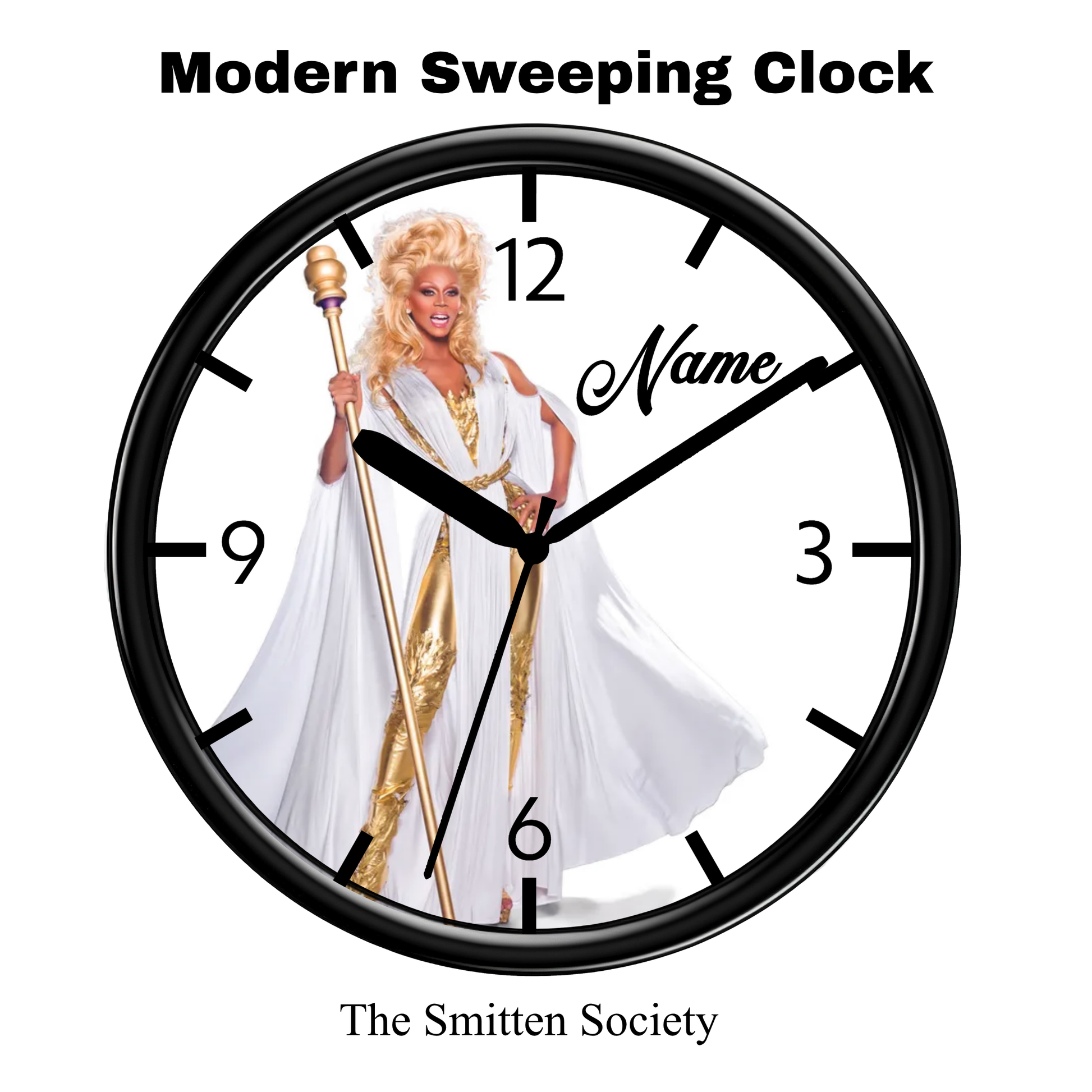 Clock with a person in a white robe and gold staff design, labeled 'Modern Sweeping Clock' by 'The Smitten Society'.