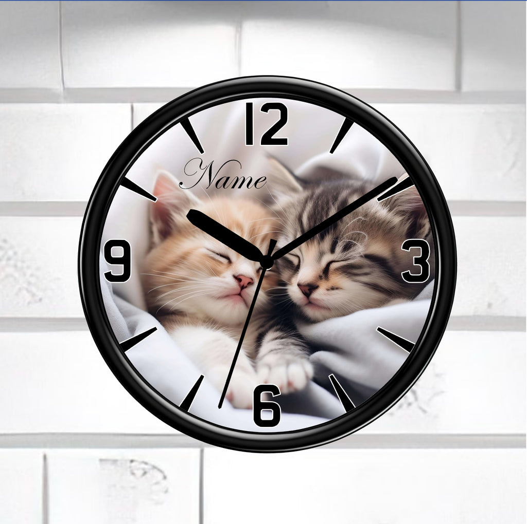 Front View of personalised cat wall clock from naughty card