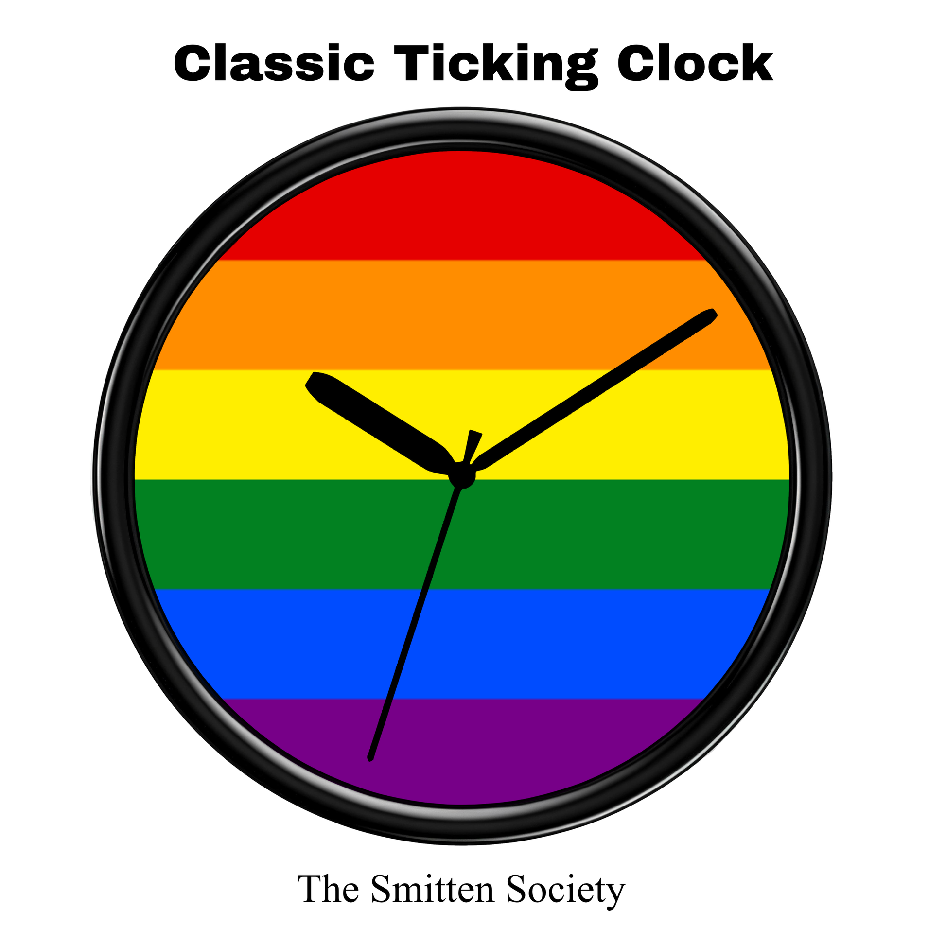 Clock with rainbow flag design and 'The Smitten Society' branding