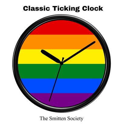 Clock with rainbow flag design and 'The Smitten Society' branding