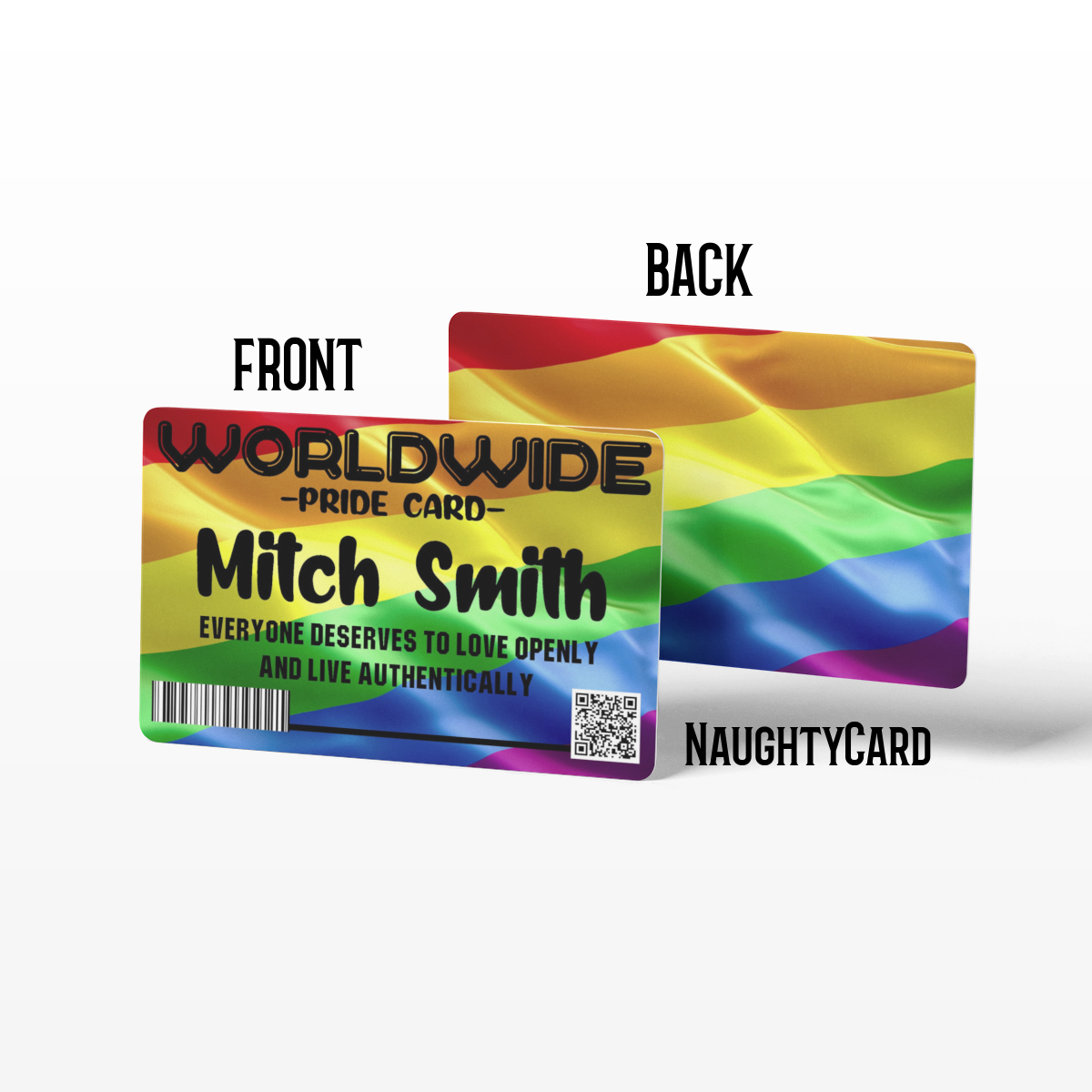 Gay Pride Membership Card both front and back view of the card, on a plain white background