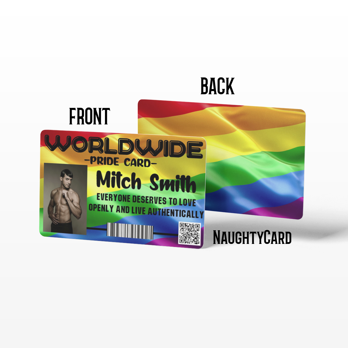 Front and Rear view Gay Pride card on a plain white background