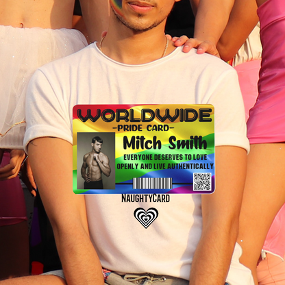 Gay membership card featured in the middle with a man sitting behind smiling