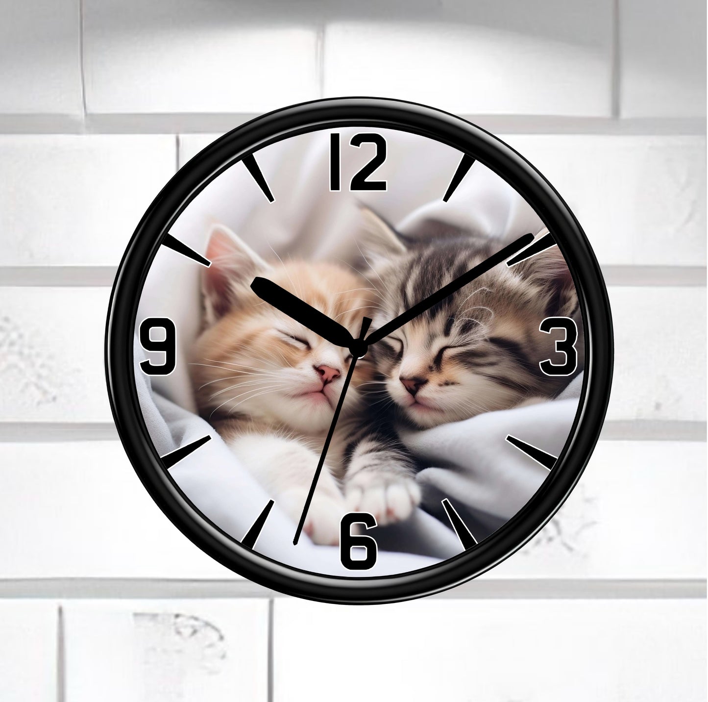 Cute Cat Wall Clock on a white Tiled Wall