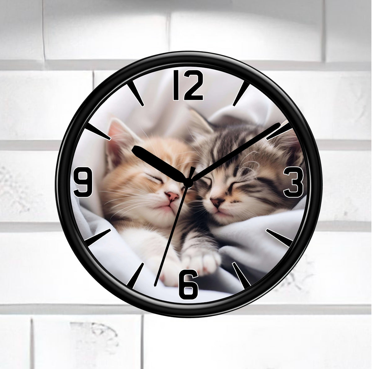 Cute Cat Wall Clock on a white Tiled Wall