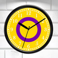 Intersex Pride Flag Wall clock with yellow face, purple circle, and black frame on a white brick wall background