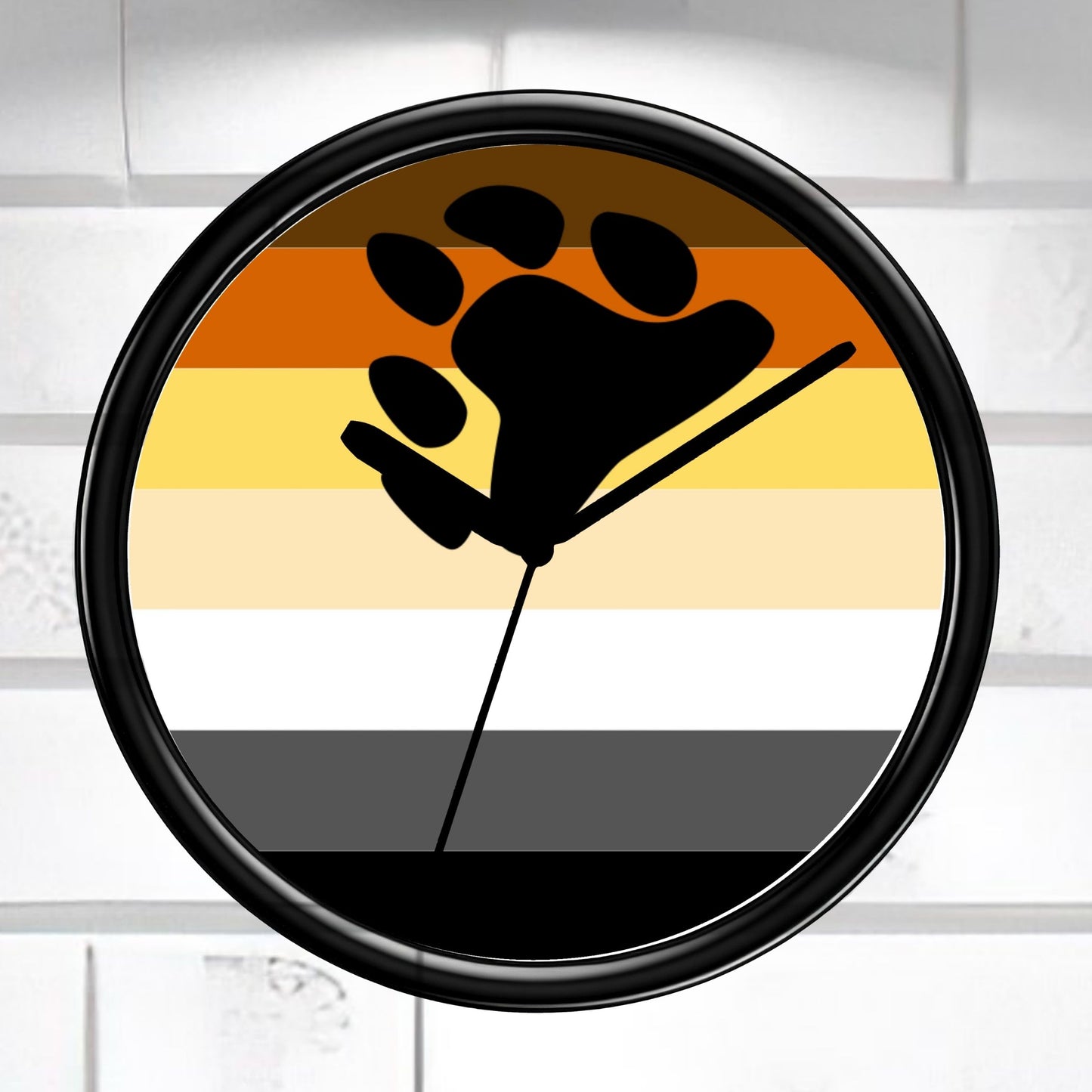 LGBT Pride Circular wall clock with a paw print design on a striped background