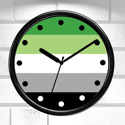 Wall clock with green, gray, and white color pattern on a white brick wall background