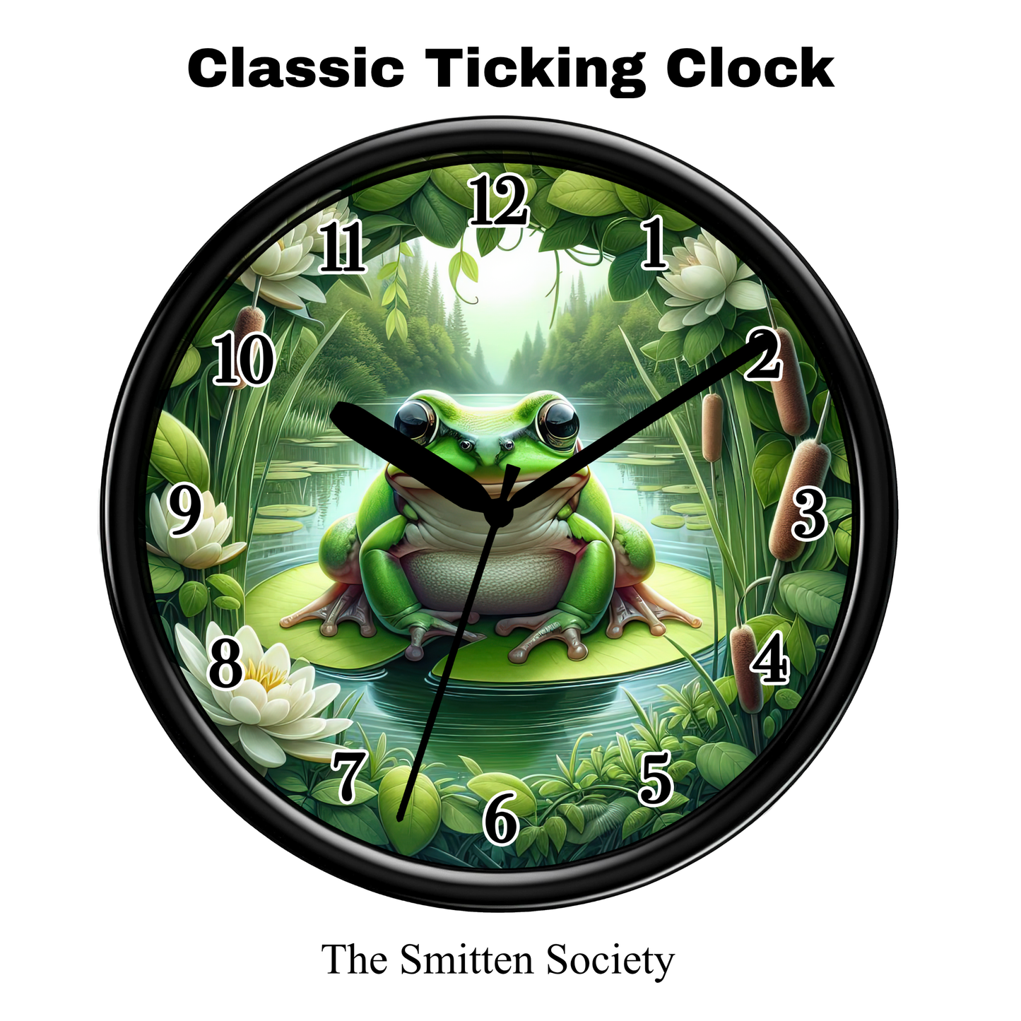 Wall clock with a frog design on a white background