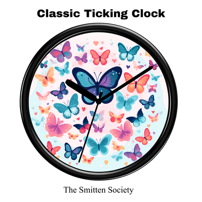 Wall clock with colorful butterfly design and 'The Smitten Society' branding