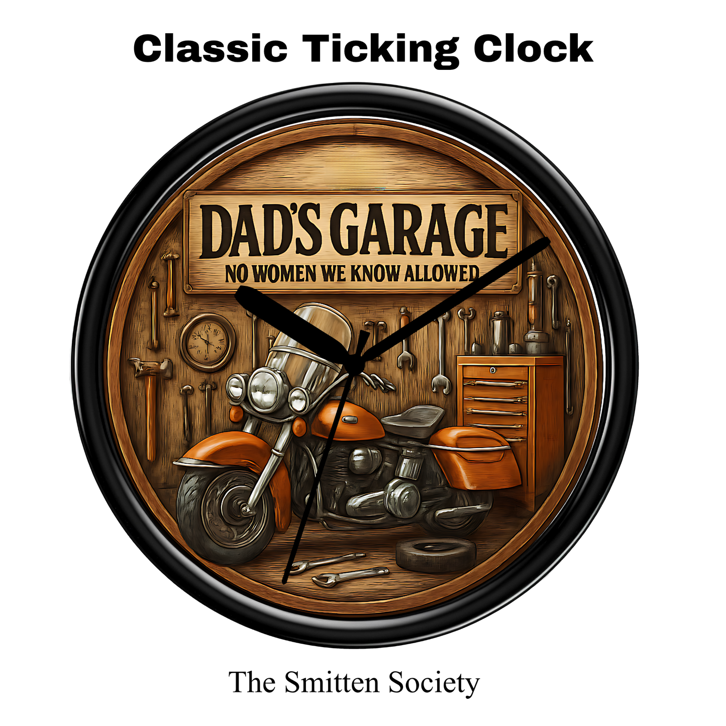 Wall clock with 'Dad's Garage' theme featuring a motorcycle and tools, branded 'The Smitten Society'.