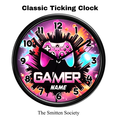 Gaming-themed clock with controller design and 'Gamer' text on a colorful background.