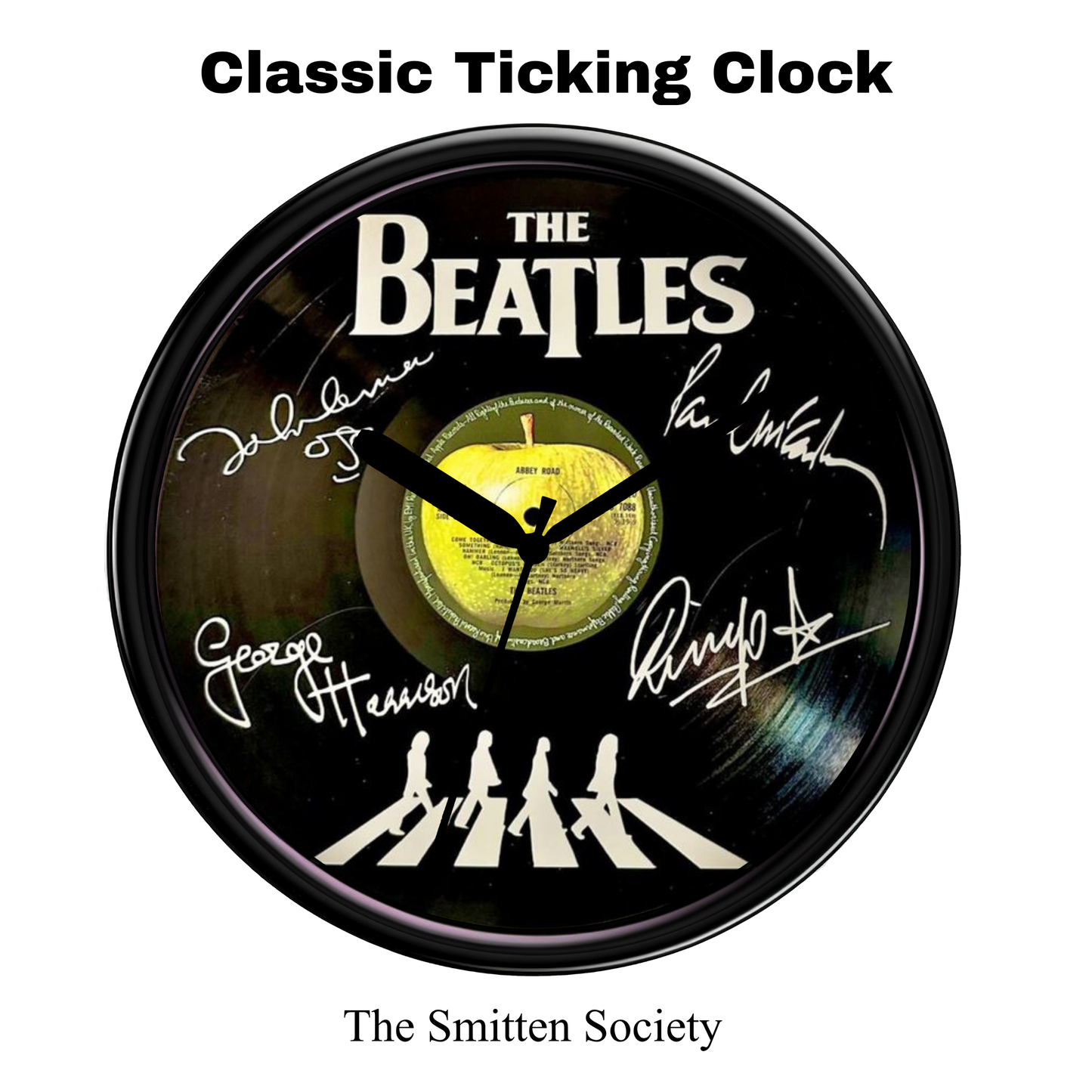 Clock with The Beatles Abbey Road album cover design and signatures.