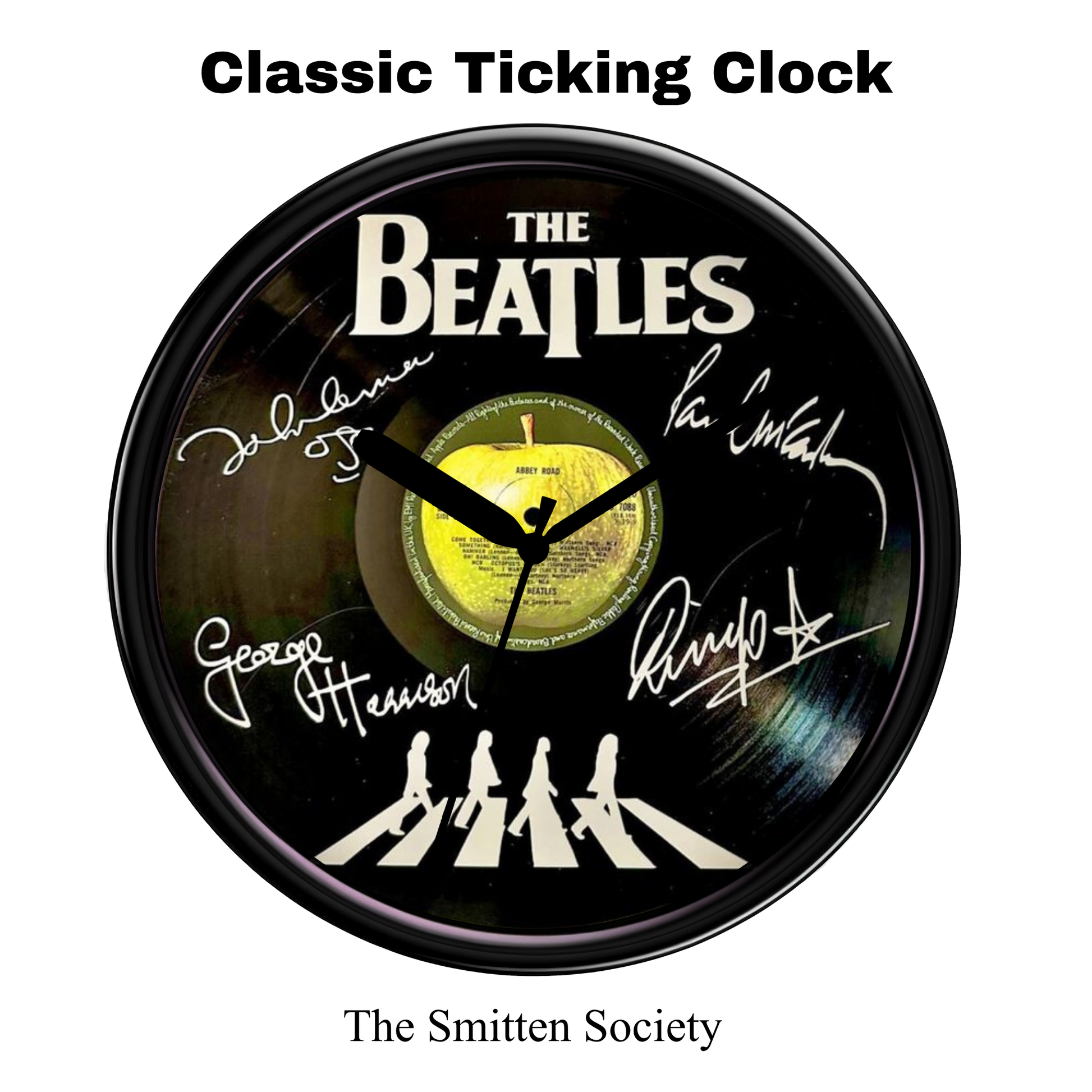 Clock with The Beatles Abbey Road album cover design and signatures.