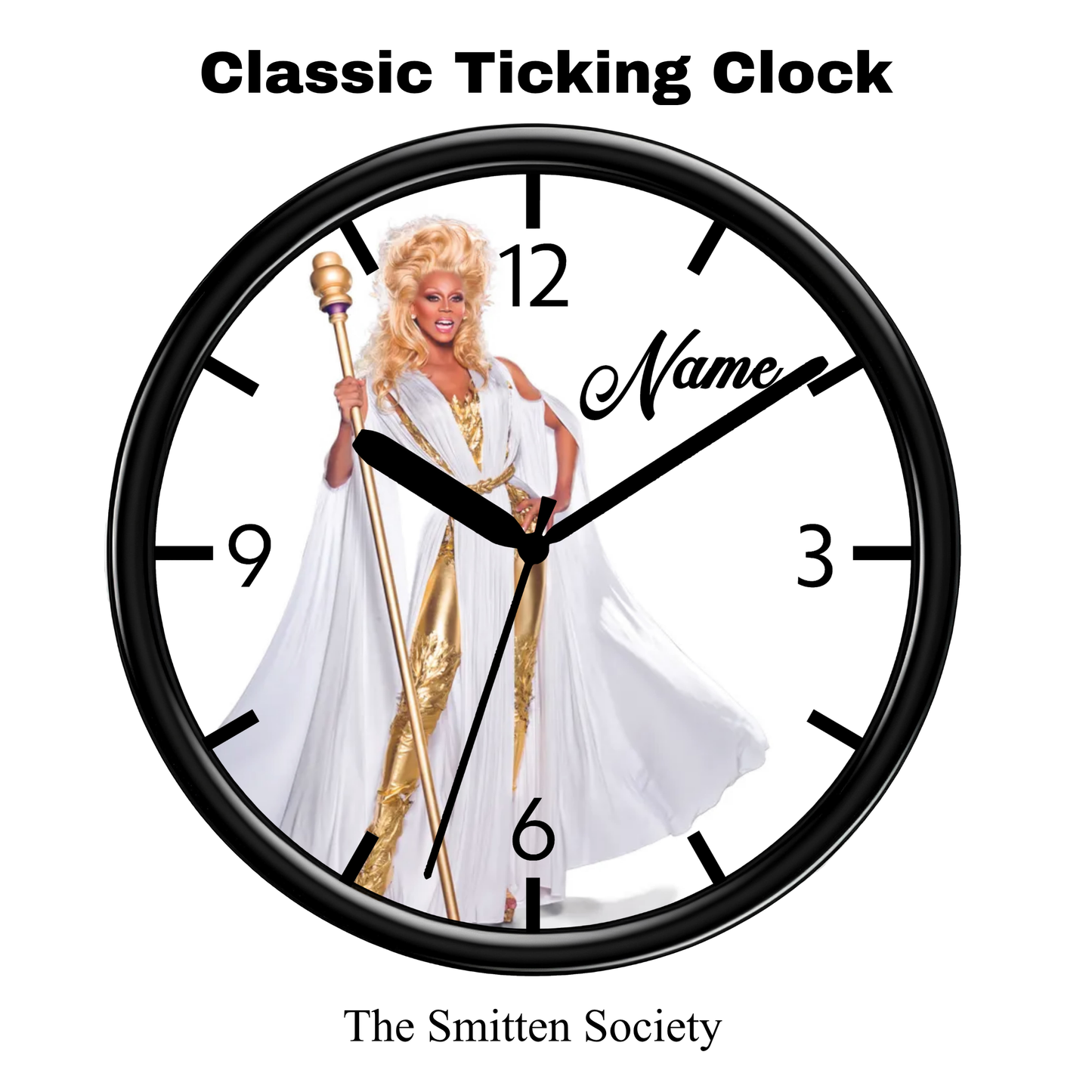 Clock with a person in a costume and 'Classic Ticking Clock' text on a white background